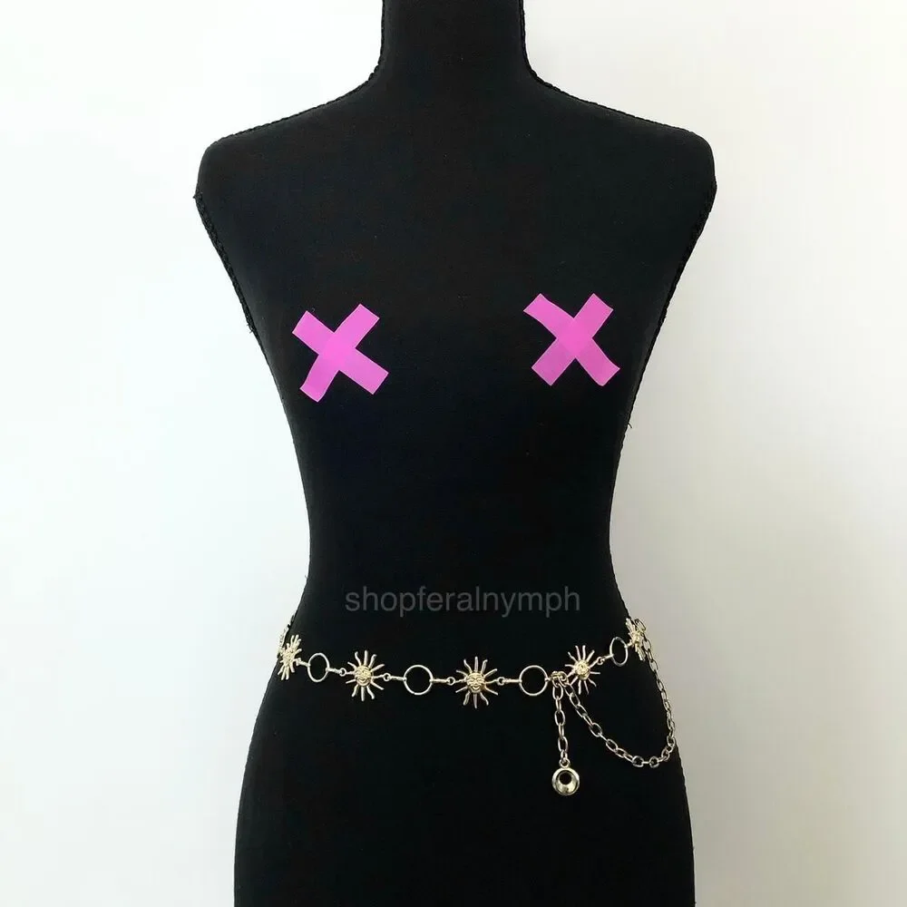 Y2K Celestial Gold-Tone Sun Face Chain Belt, Fits 23.5–38 Inches, X7GA1228